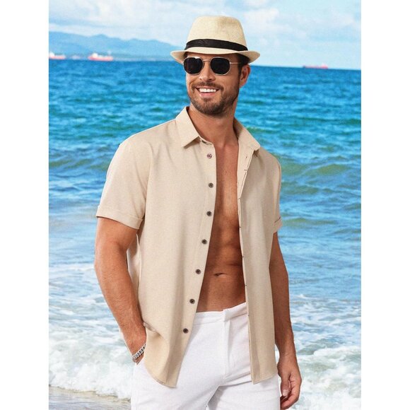 Men's Light Khaki Linen Short Sleeve Button Down Casual Shirt Business - Picture 2 of 6